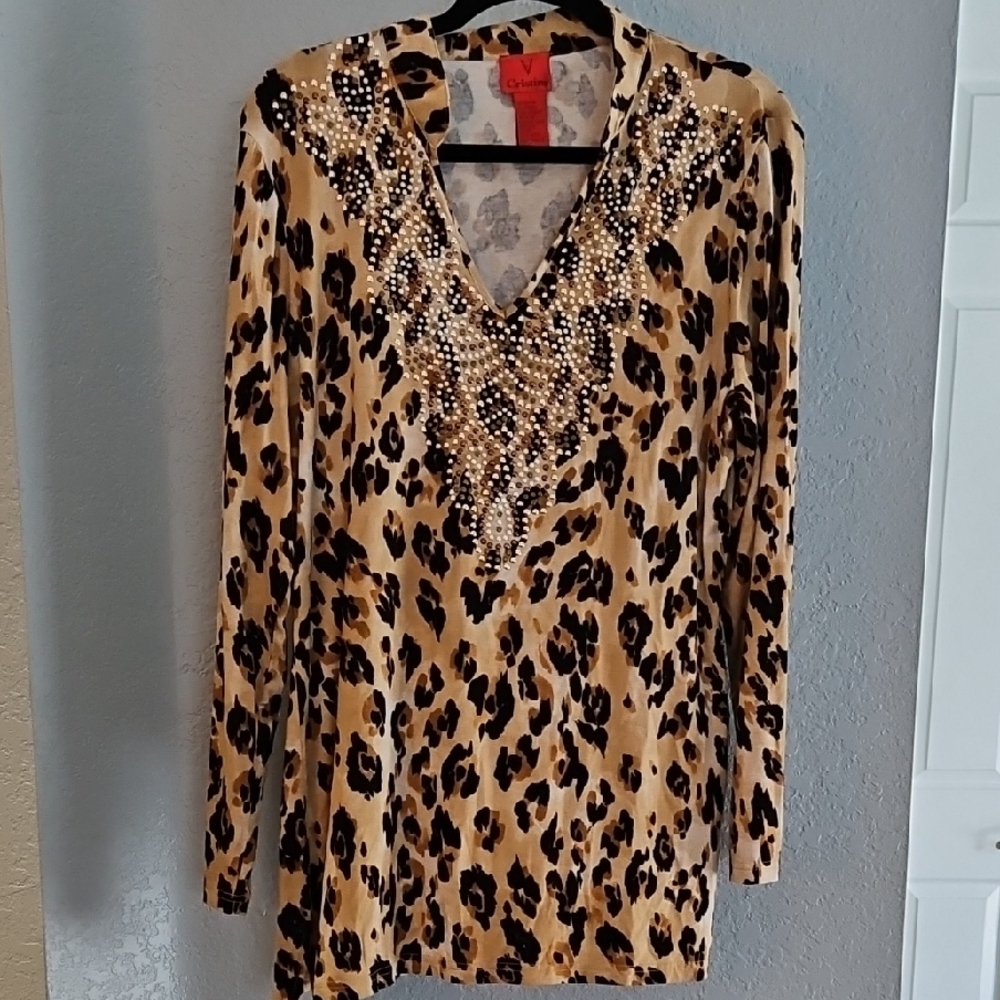 V Christina Leopard Print Tunic with Beaded V-Neck